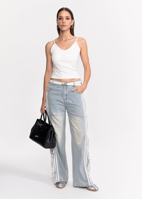 Blugi din denim cu croiala larga si insertii de dantela pe laterale
