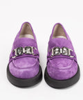 Loafers damă, violet, piele intoarsa, cu accesoriu gri, talpa 3 cm