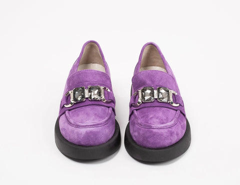 Loafers damă, violet, piele intoarsa, cu accesoriu gri, talpa 3 cm
