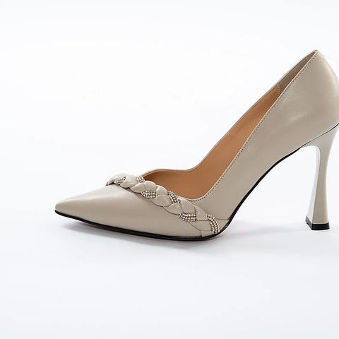 Pantofi Stiletto Elegance Bej cu Detaliu Împletit