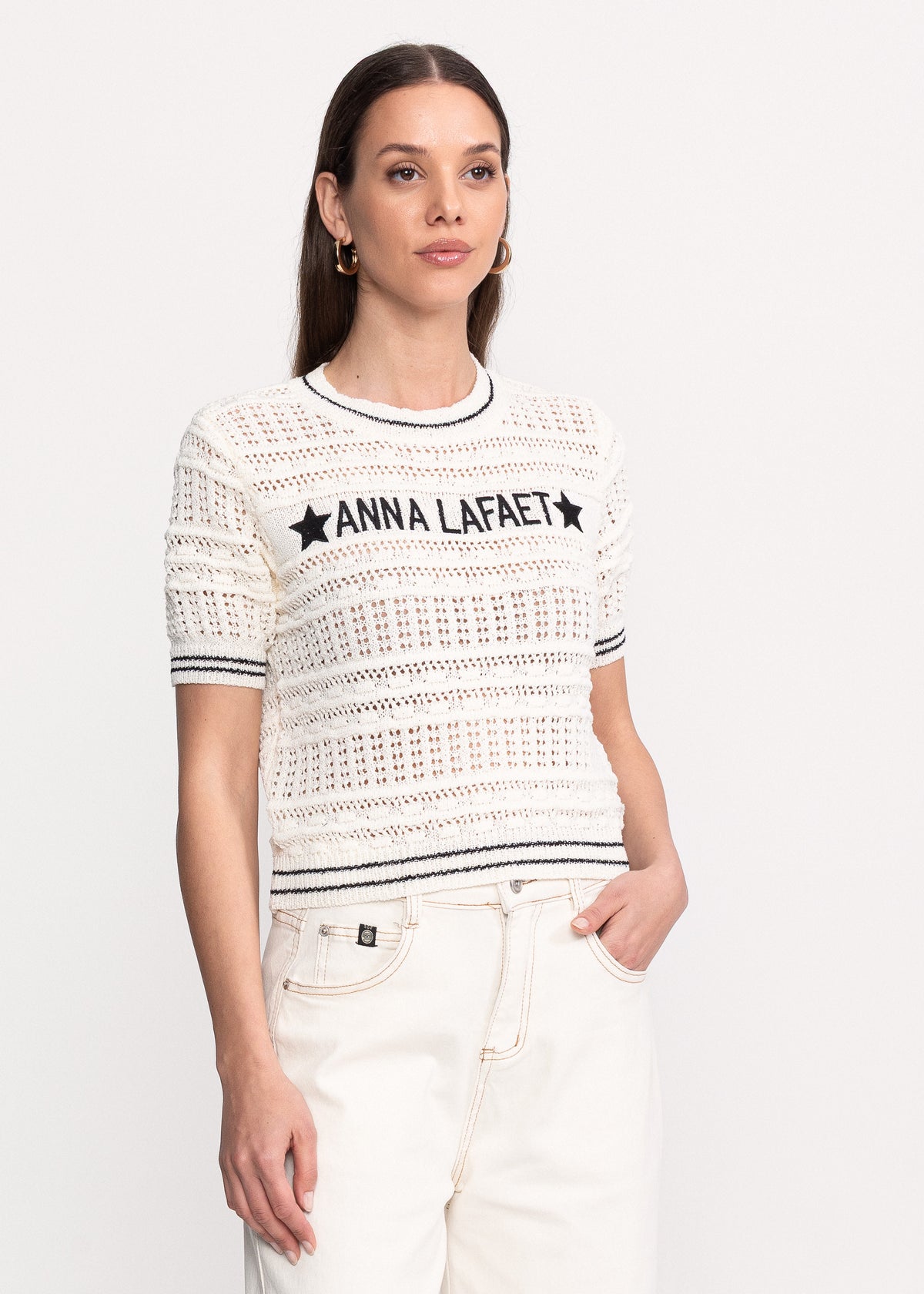 Open-Knit Short-Sleeve Top with Logo