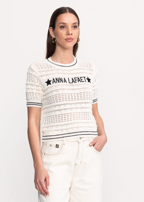 Open-Knit Short-Sleeve Top with Logo
