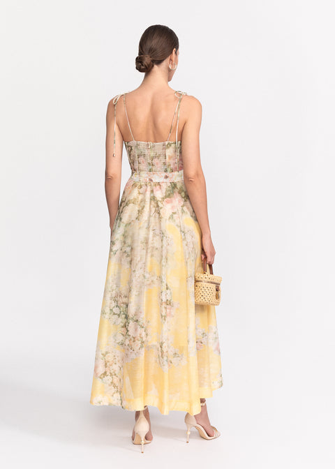 Rochie Midi cu imprimeu floral, bretele subtiri si cordon in talie
