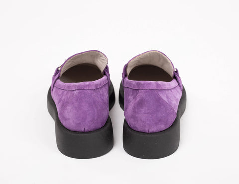 Loafers damă, violet, piele intoarsa, cu accesoriu gri, talpa 3 cm