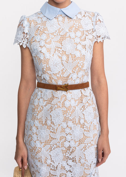 Rochie Midi din dantela cu maneci scurte si guler in V