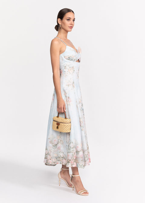 Rochie Midi cu imprimeu floral, decupaj in zona taliei si bretele subtiri
