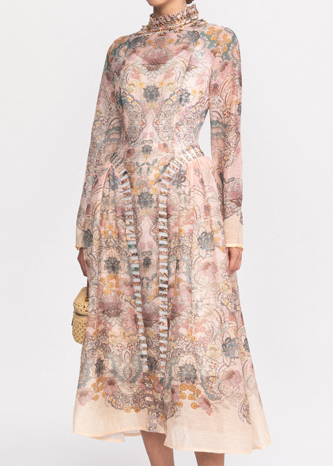 Rochie Midi cu imprimeu floral delicat, croiala ampla si maneci lungi
