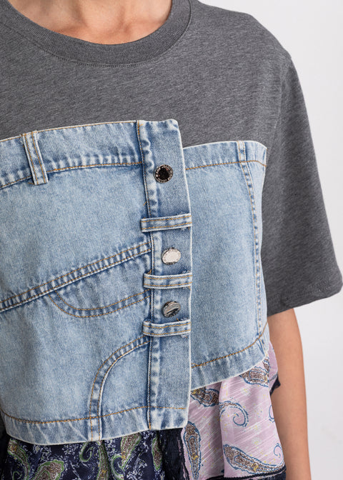 Tricou din bumbac cu insertii denim si volane multiple