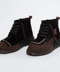 Ghete Casual Negru-Maro din Piele Întoarsă cu Imprimeu Leopard