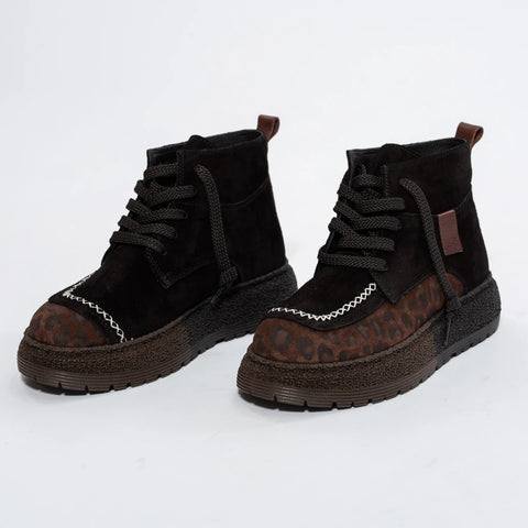 Ghete Casual Negru-Maro din Piele Întoarsă cu Imprimeu Leopard