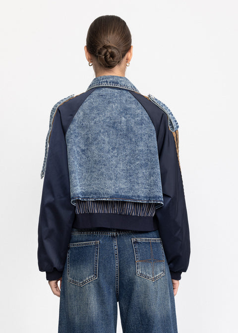 Geaca scurta denim cu maneci contrastante