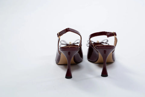 Pantofi maro din lac cu fundă decorativă și toc gros de 8 cm – eleganță retro AnnaLaFaet