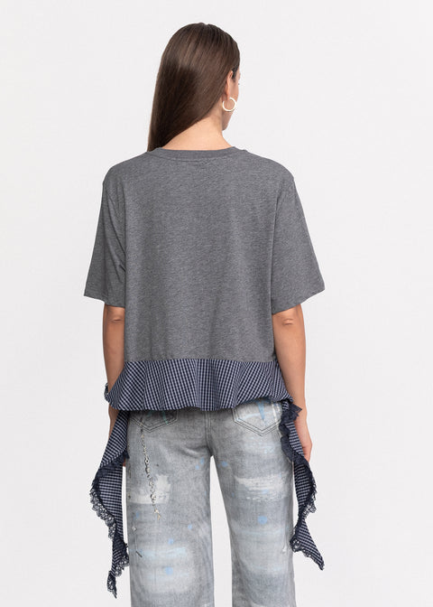 Tricou din bumbac cu insertii denim si volane multiple