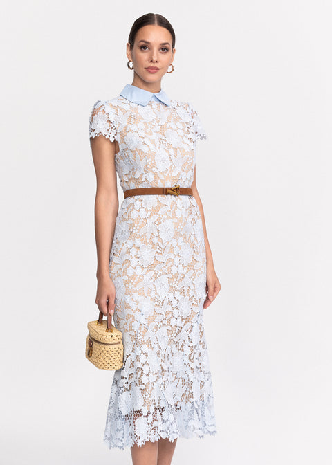 Rochie Midi din dantela cu maneci scurte si guler in V