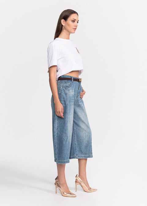 Blugi Culotte cu talie inalta si croiala larga 3/4