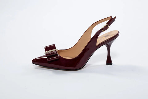 Pantofi maro din lac cu fundă decorativă și toc gros de 8 cm – eleganță retro AnnaLaFaet