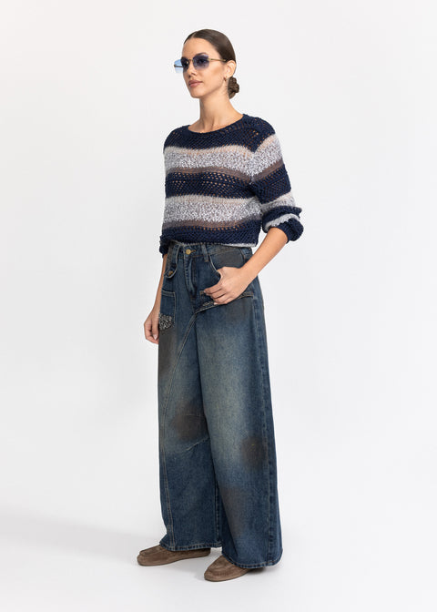Blugi din denim cu croiala larga si talie inalta 5011