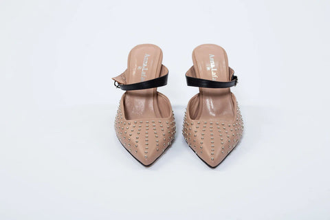 Pantofi Mule nude cu toc 7 cm Annalafaet din piele naturală și aplicații metalice