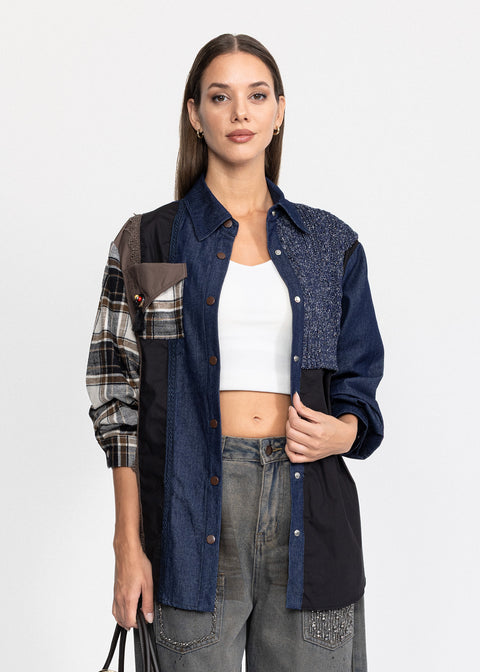 Camasa Lunga Denim cu design eclectic