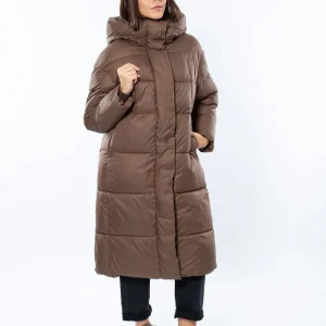 Bomber lung din puf cu glugă – confort și stil modern, lungime 105 cm