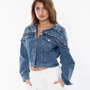 Jacheta din blug cu perle și V franjurile