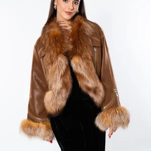 Jacheta din piele naturala cu guler si mansete din blana naturala de vulpe