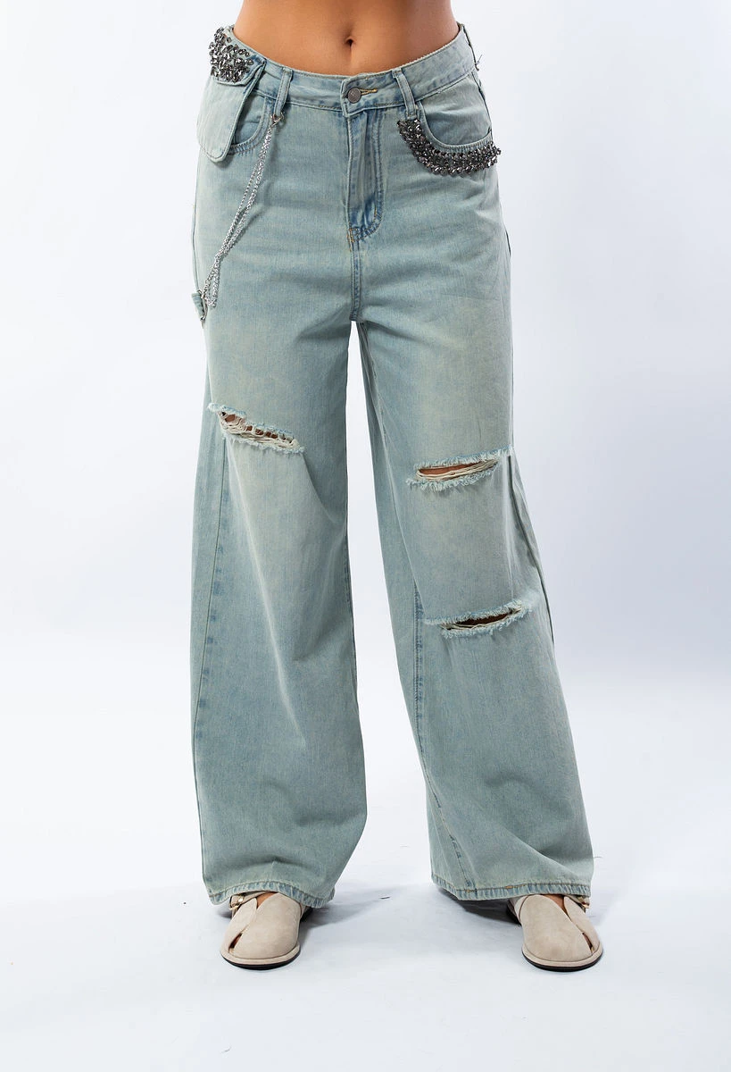 Blugi Largi Dama cu Tăieturi și Lanțuri Decorative – Stil Urban Casual