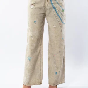 Blugi Wide-Leg cu Broderie Astrală – Handmade Artistic Denim