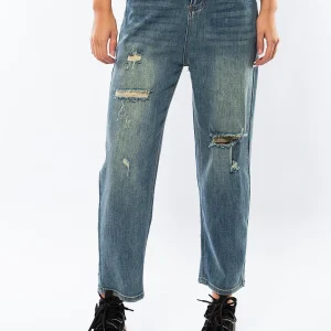 Blugi Boyfriend cu rupturi, aspect uzat și talie înaltă