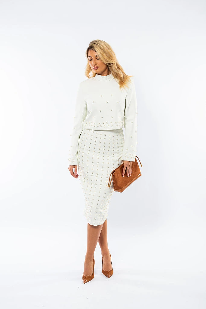 Compleu elegant cu fustă și top perlat-1