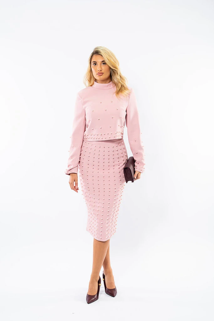 Compleu elegant cu fustă și top perlat-8